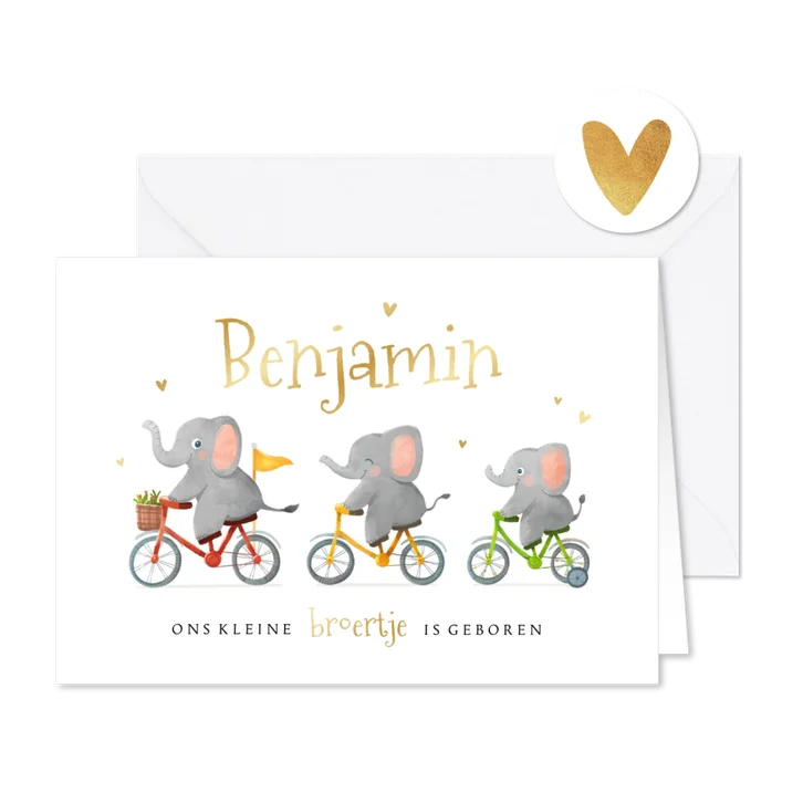 Geboortekaartje unisex broertje zusje dieren olifantjes goud