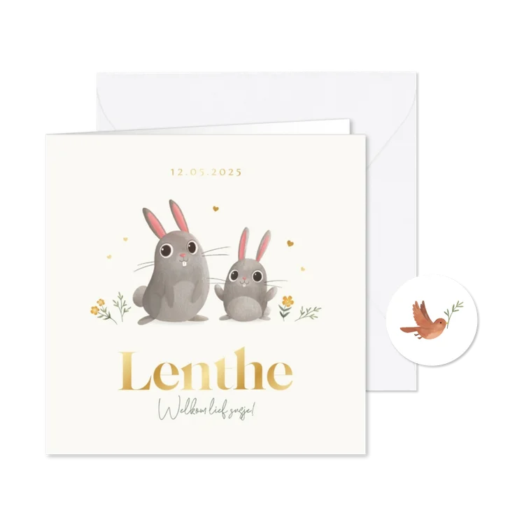 Geboortekaartje unisex broertje zusje konijn lente bloemen