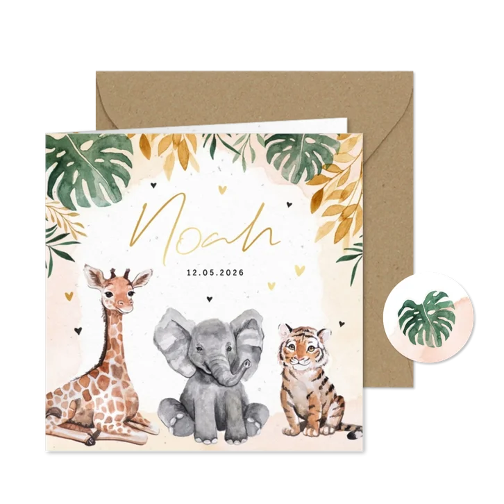 Geboortekaartje unisex dieren jungle giraf olifant tijger