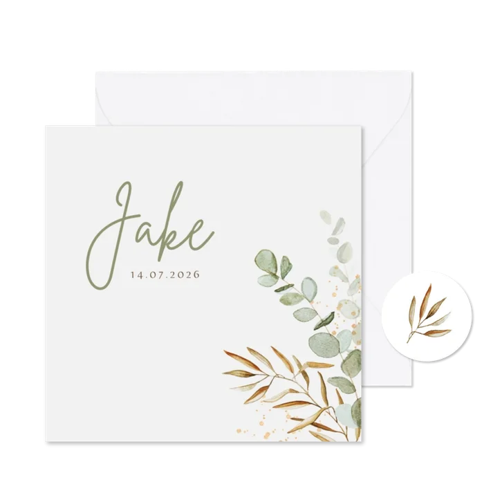 Geboortekaartje unisex eucalyptus goud spetters