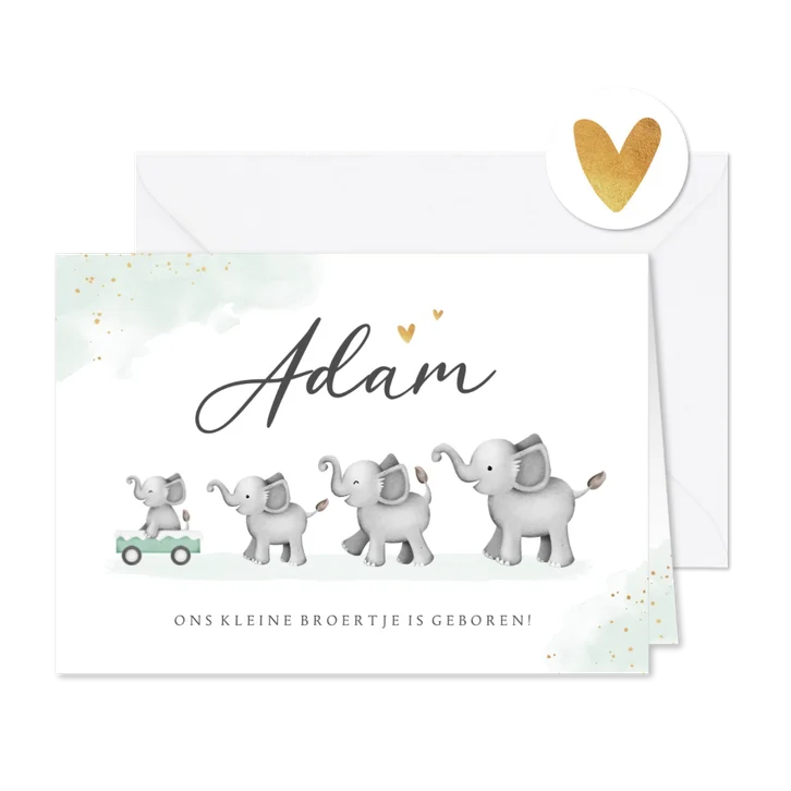 Geboortekaartje unisex goud waterverf olifantjes groot gezin