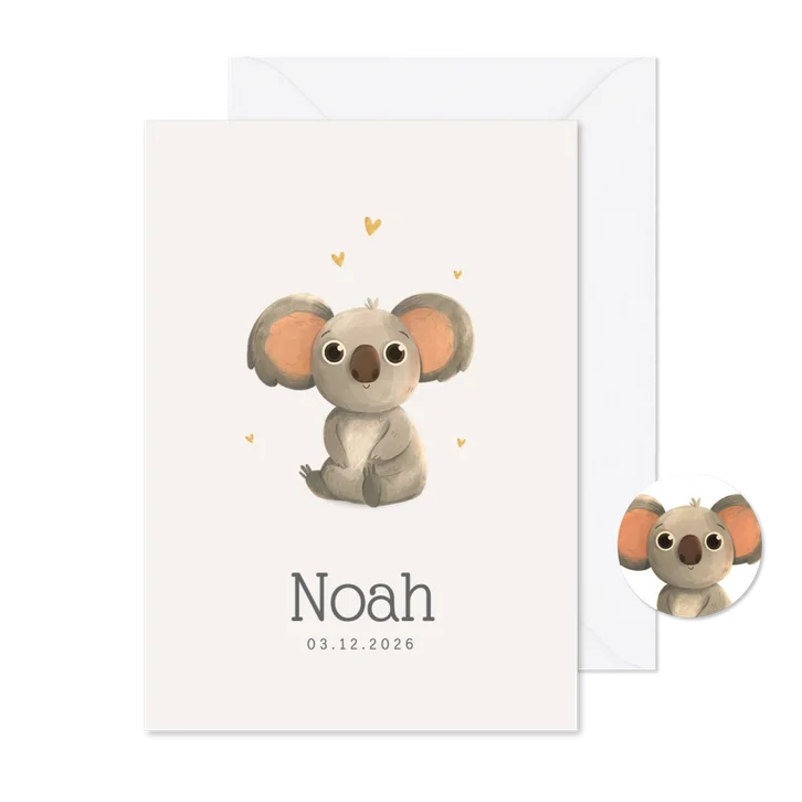 Geboortekaartje unisex koala goud hartjes