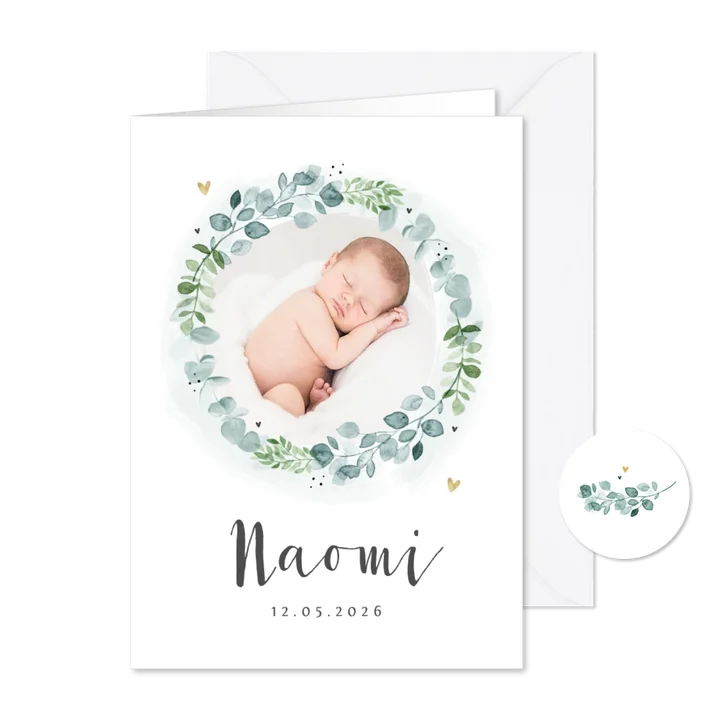 Geboortekaartje unisex krans eucalyptus foto hartjes