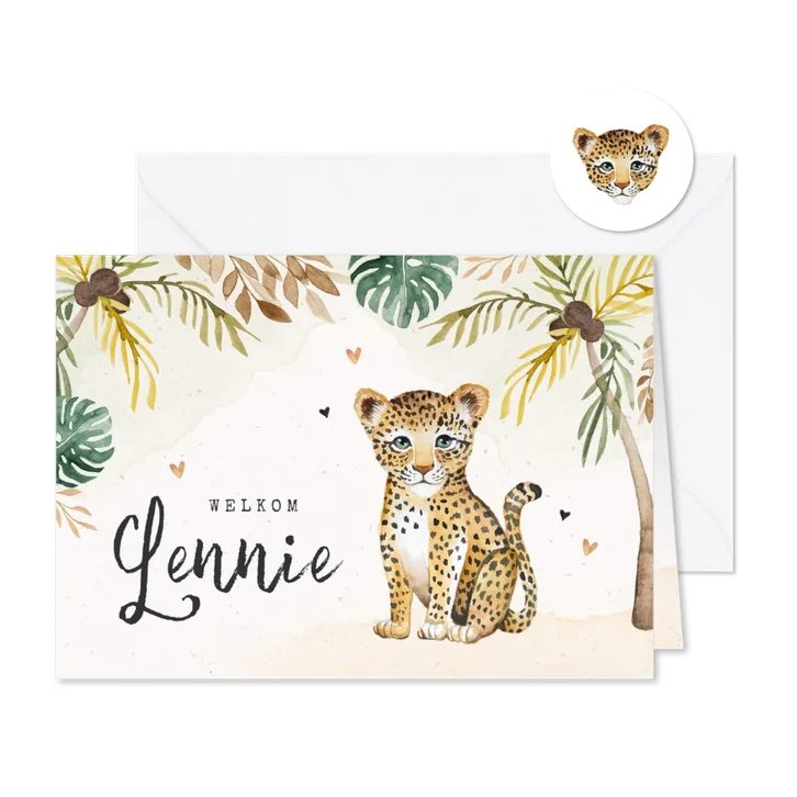 Geboortekaartje unisex luipaard tropisch waterverf