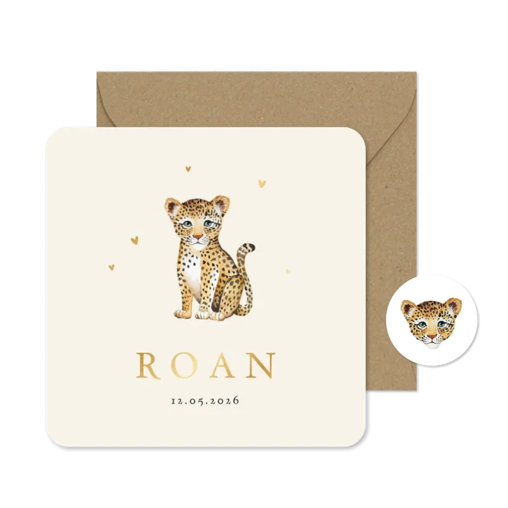 Geboortekaartje unisex luipaard waterverf dieren hartjes