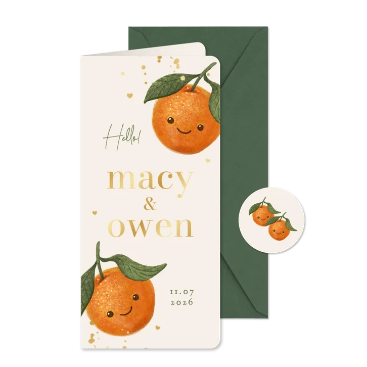 Geboortekaartje unisex tweeling zomer mandarijn lief