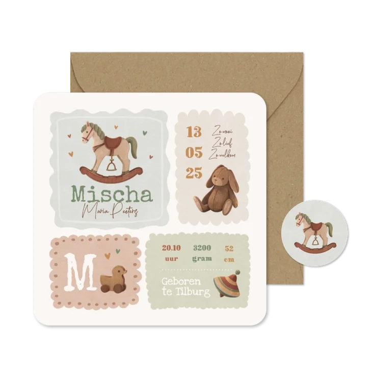 Geboortekaartje unisex vintage baby speelgoed kaders
