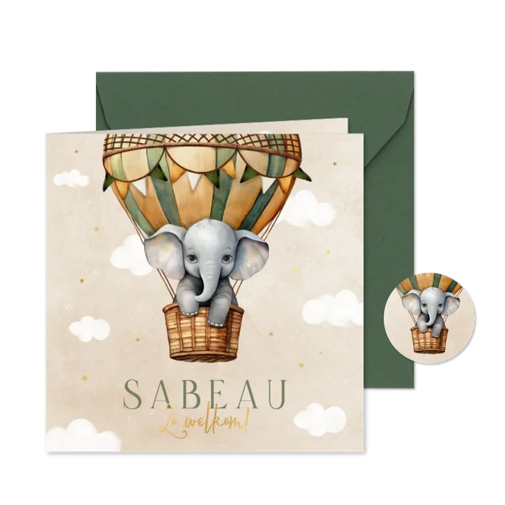 Geboortekaartje unisex vintage luchtballon olifantje lief
