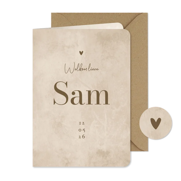 Geboortekaartje unisex zandkleur hartje beige