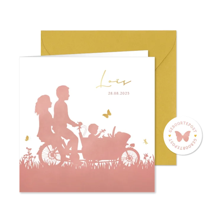 Geboortekaartje van bakfiets met broer en babyzusje