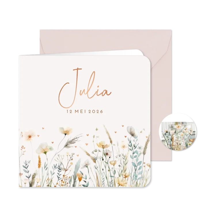 Geboortekaartje veldbloemen met hartjes