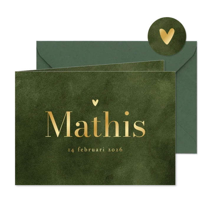 Geboortekaartje velvet groen natuurlijk hartje goud