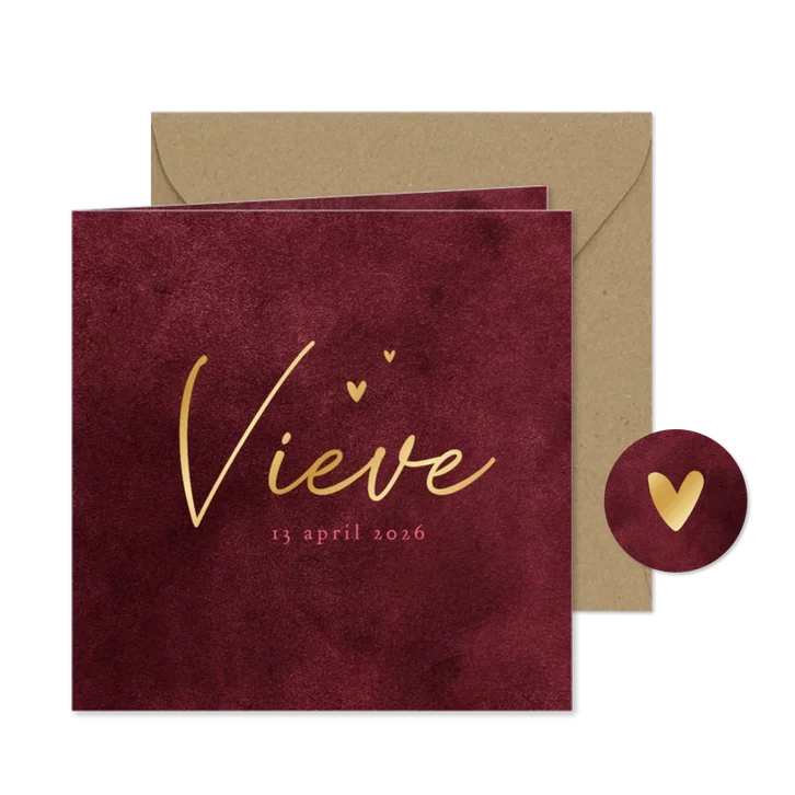 Geboortekaartje velvet look robijn rood hartje goud
