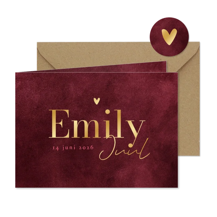 Geboortekaartje velvet robijn roze natuurlijk hartje goud