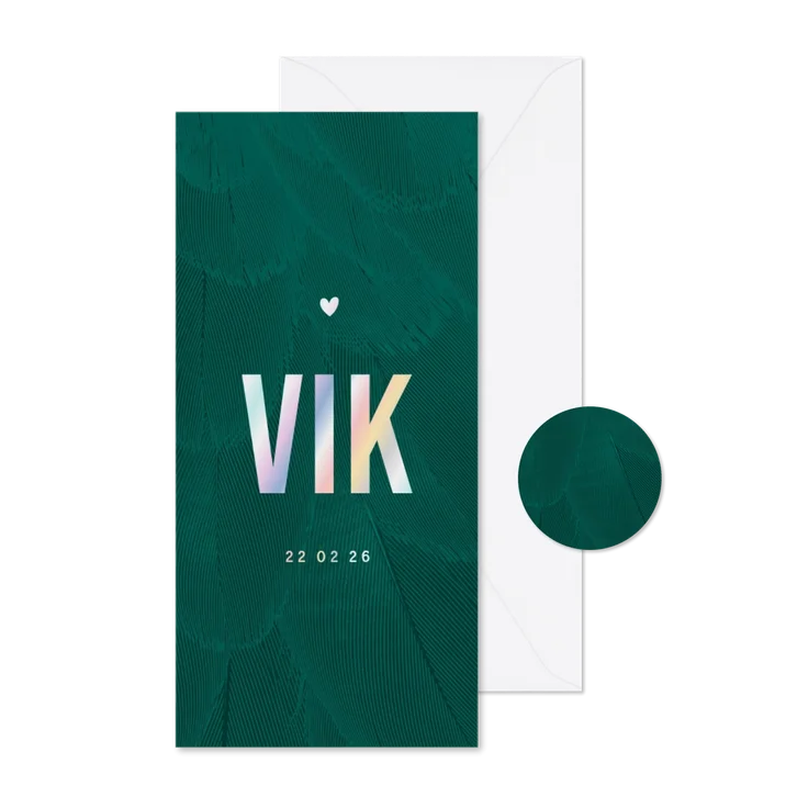 Geboortekaartje veren groen holografisch