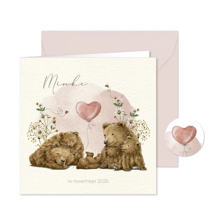 Geboortekaartje vierde kindje met beertjes tussen de bloemen