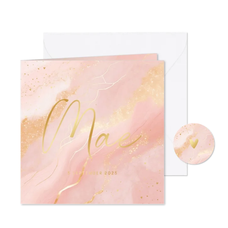 Geboortekaartje vierkant roze marmer met goud meisje