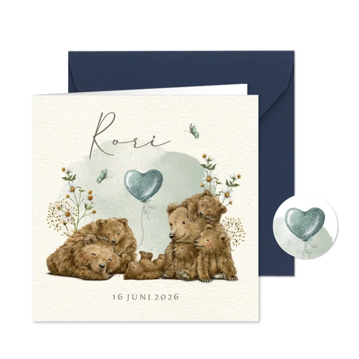 Geboortekaartje vijfde kindje groot gezin met beren familie