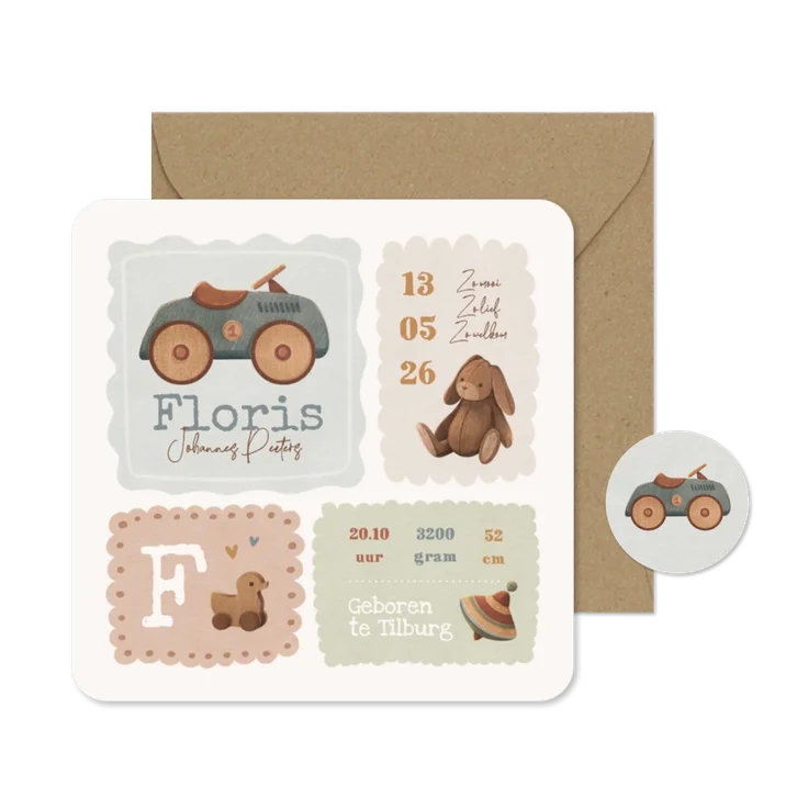 Geboortekaartje vintage auto baby speelgoed kaders