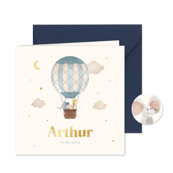 Geboortekaartje vintage luchtballon dieren sterren wolkjes