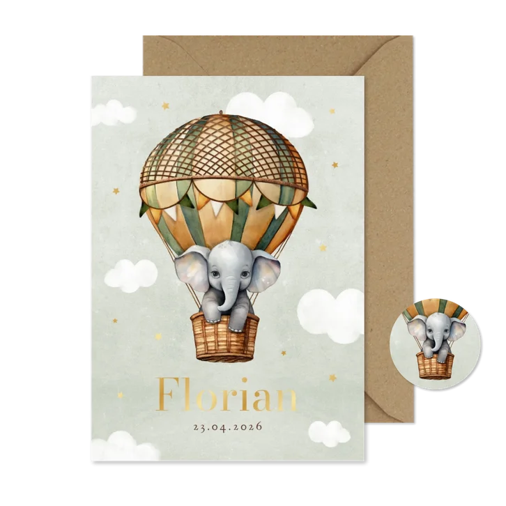 Geboortekaartje vintage luchtballon olifant wolkjes sterren
