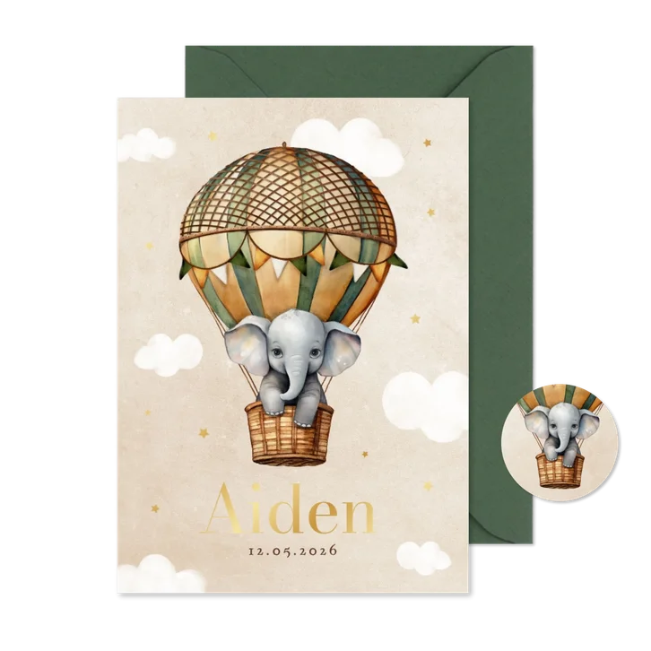 Geboortekaartje vintage luchtballon olifantje wolken sterren