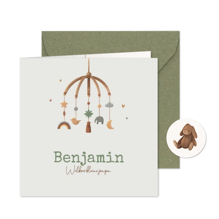 Geboortekaartje vintage mobiel dieren regenboog sterren