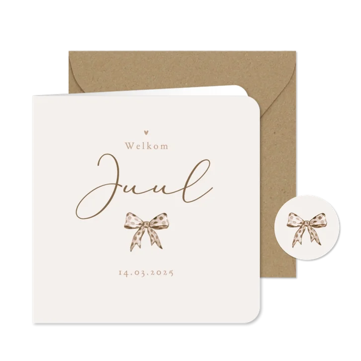 Geboortekaartje vintage strikje stipjes beige zandkleur