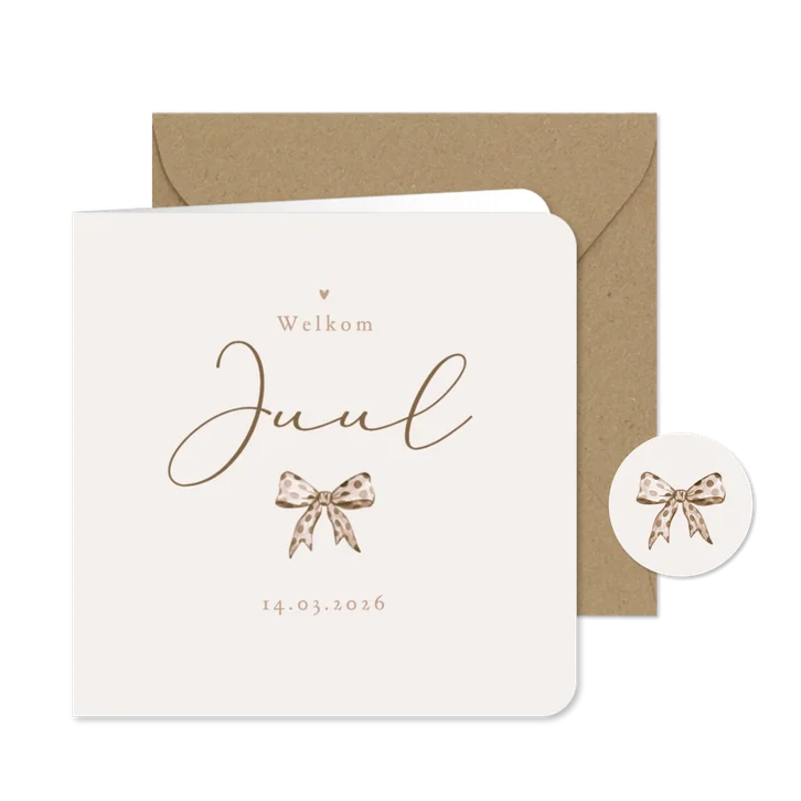 Geboortekaartje vintage strikje stipjes beige zandkleur