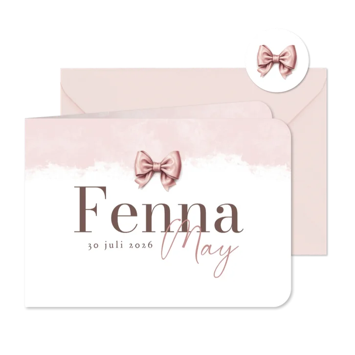 Geboortekaartje vintage waterverf roze strikje