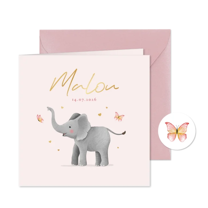 Geboortekaartje vlinders olifantje hartjes goud illustratie