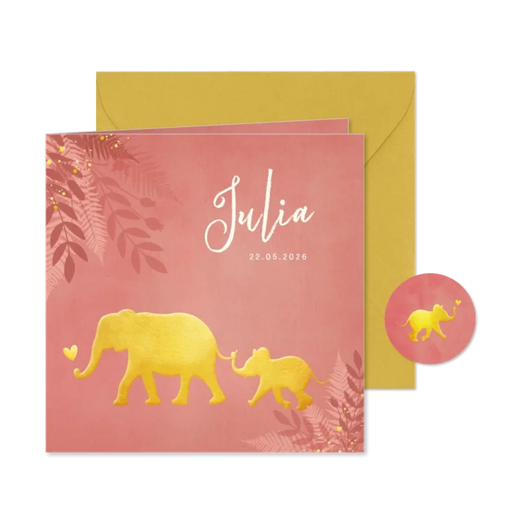 Geboortekaartje voor een meisje Jungle met gouden olifant 