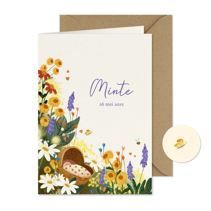 Geboortekaartje voor een meisje met bloemen en een wiegje