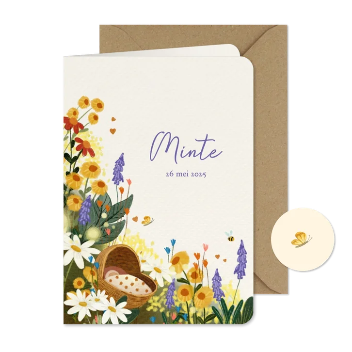 Geboortekaartje voor een meisje met bloemen en een wiegje