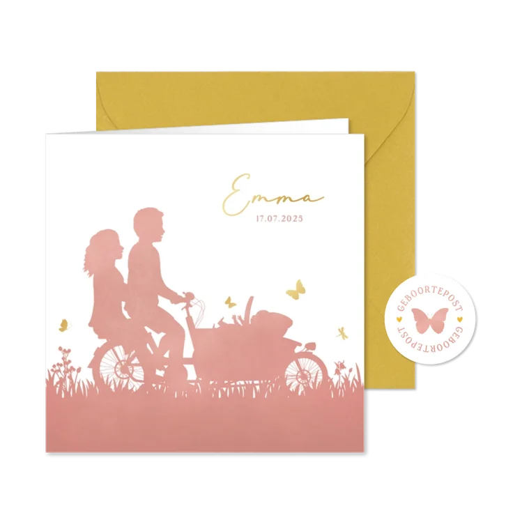 Geboortekaartje voor een meisje met ouders op bakfiets