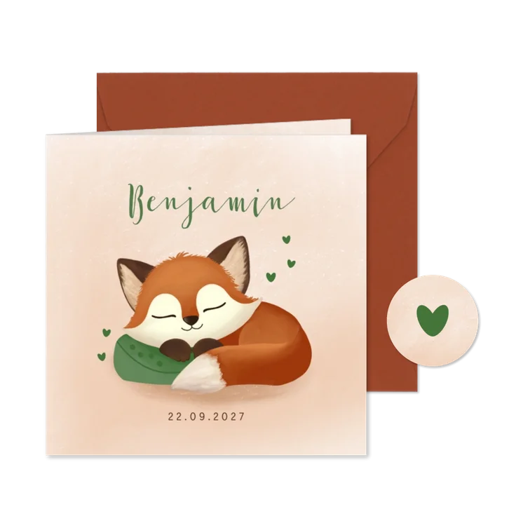 Geboortekaartje voor jongen met lief slapend vosje