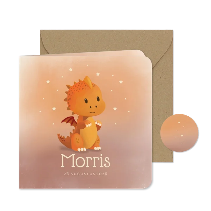 Geboortekaartje voor jongen met oranje draak illustratie