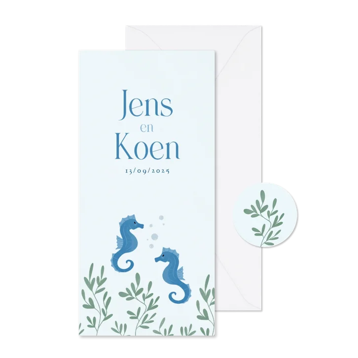 Geboortekaartje voor jongens met zeepaardjes blauw tweeling