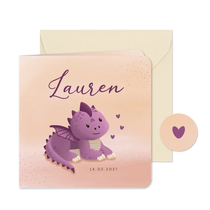 Geboortekaartje voor meisje met paarse dino illustratie