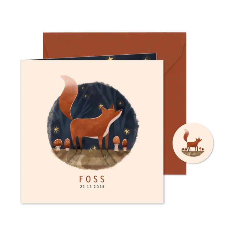 Geboortekaartje vos in bos met sterrenhemel