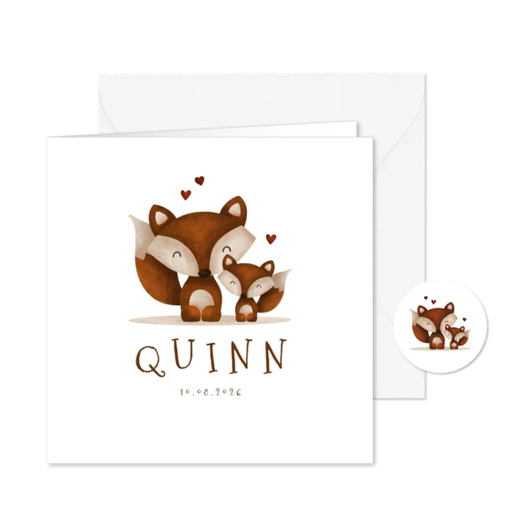 Geboortekaartje vos met broer/zus en hartjes lief