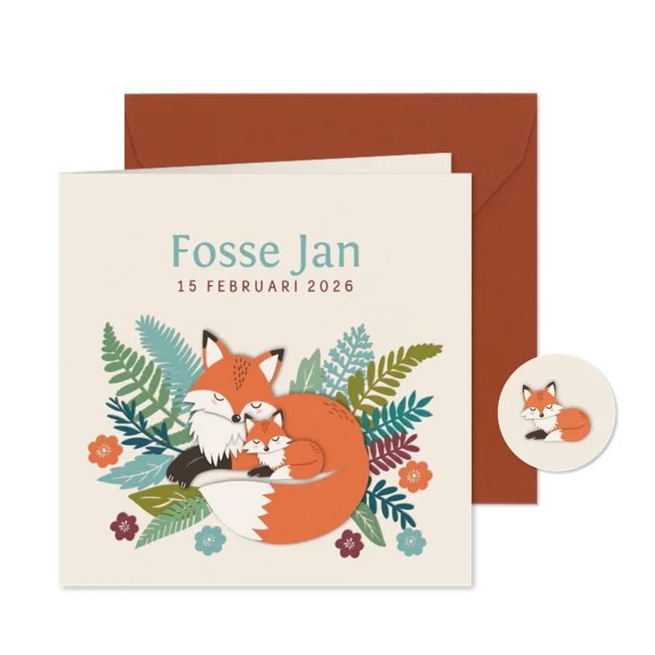 Geboortekaartje vos slaapt met baby jongen