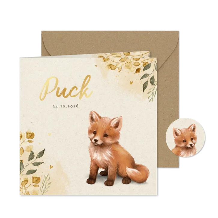 Geboortekaartje vosje herfst lief bladeren goud hartjes