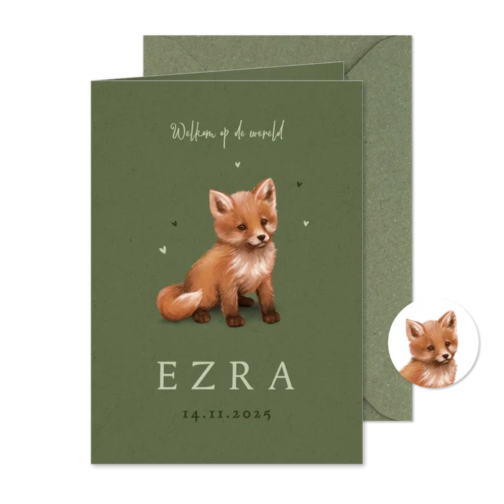 Geboortekaartje vosje stoer papier hartjes