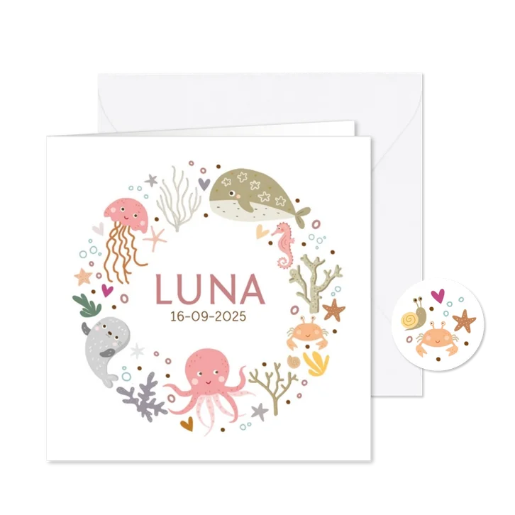 Geboortekaartje vrolijke zeedieren meisje in krans