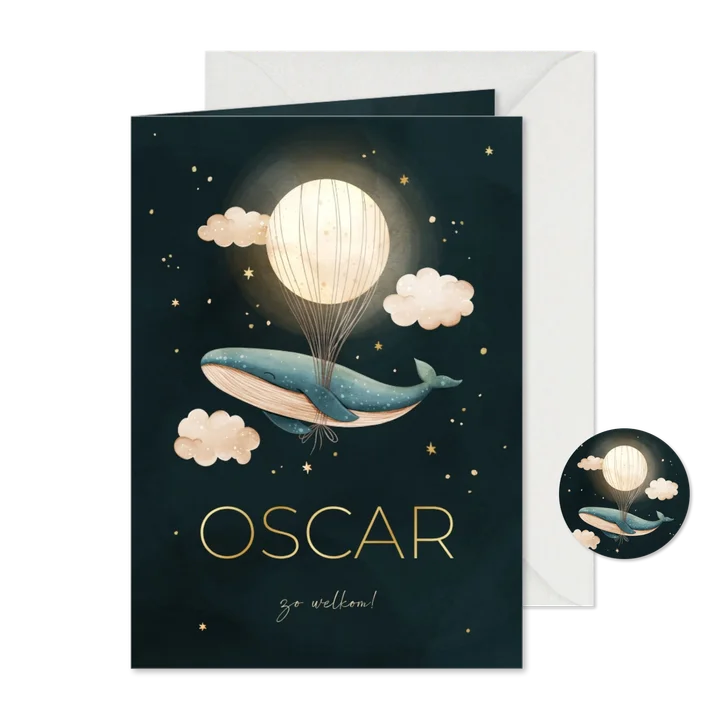 Geboortekaartje walvis blauw met maan en foliedruk sterren