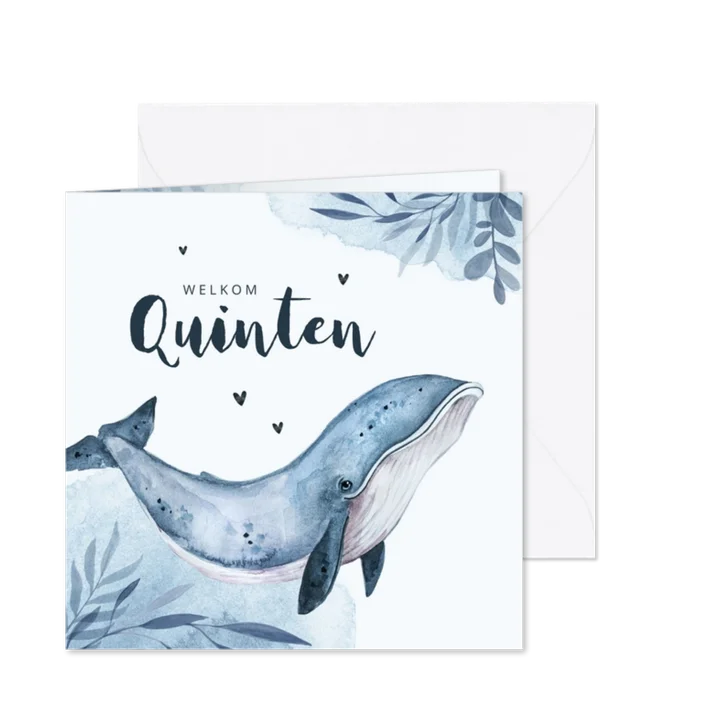 Geboortekaartje walvis blauw water hartjes waterverf