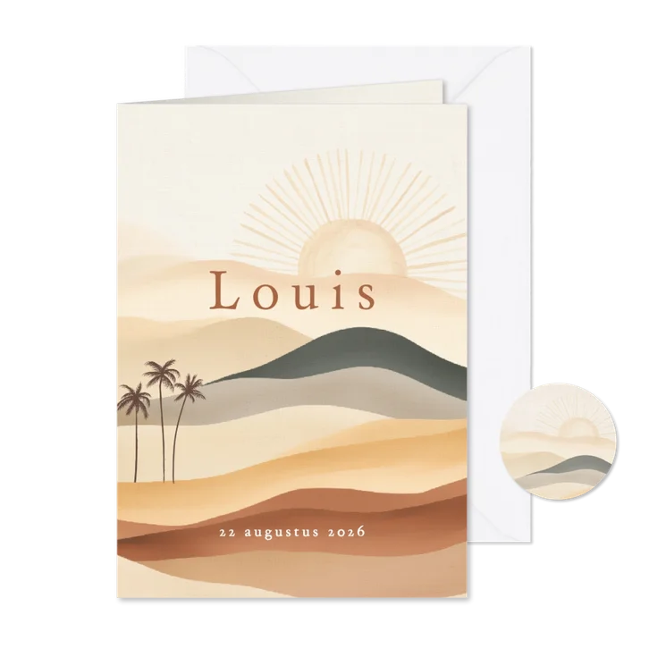 Geboortekaartje watercolor boho landschap palmbomen