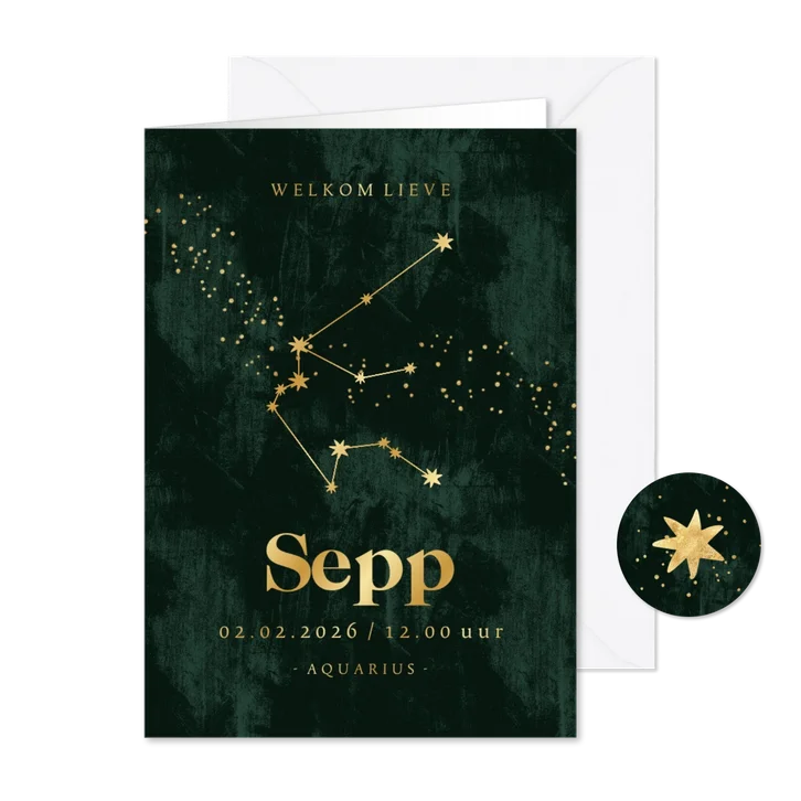 Geboortekaartje waterman stijlvol goud sterrenbeeld