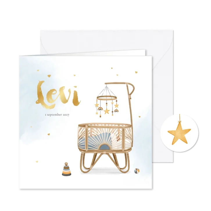 Geboortekaartje waterverf blauw rotan wiegje hartjes jongen